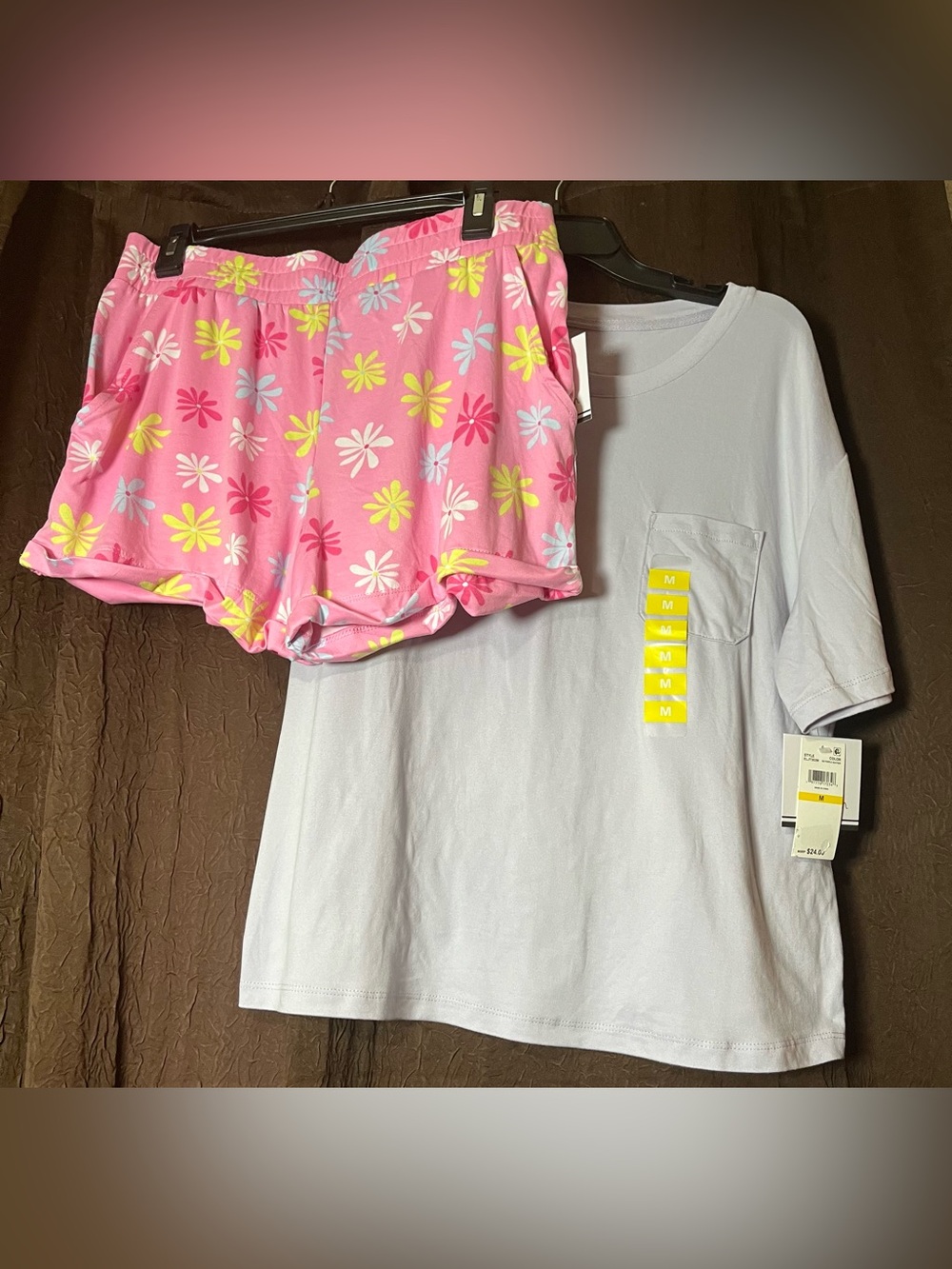 Pink Floral Cotton Pajama Short Set with White Tee
